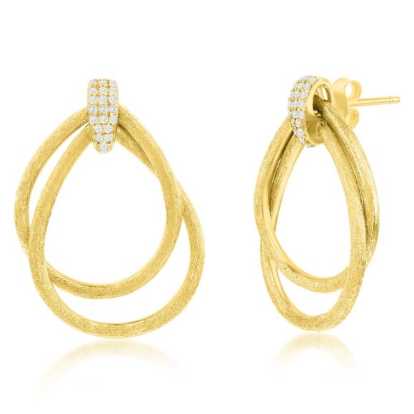 Pear Shape Diamond Dangle Huggies with Double Solid Gold Bezel Brushed Gold Plated Double Pear Shaped Earrings